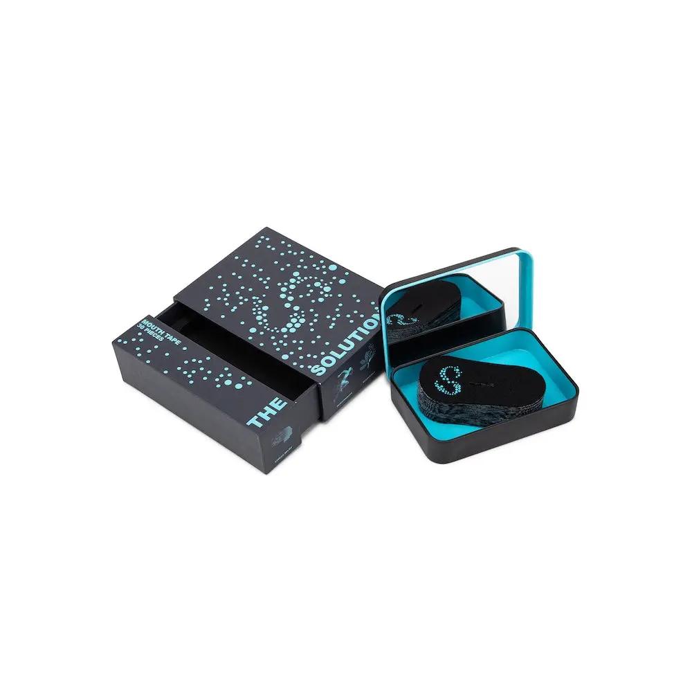 Nasal breathing mouth tape- Black in a stylish black and blue packaging designed for better sleep and reduced snoring.