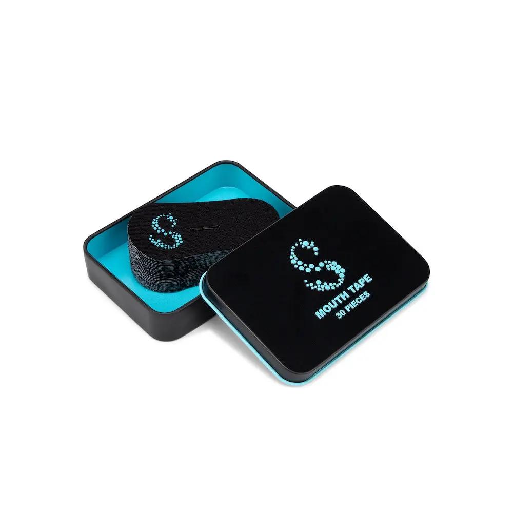 Nasal breathing mouth tape- Black in a black and blue tin for better sleep and reduced snoring.