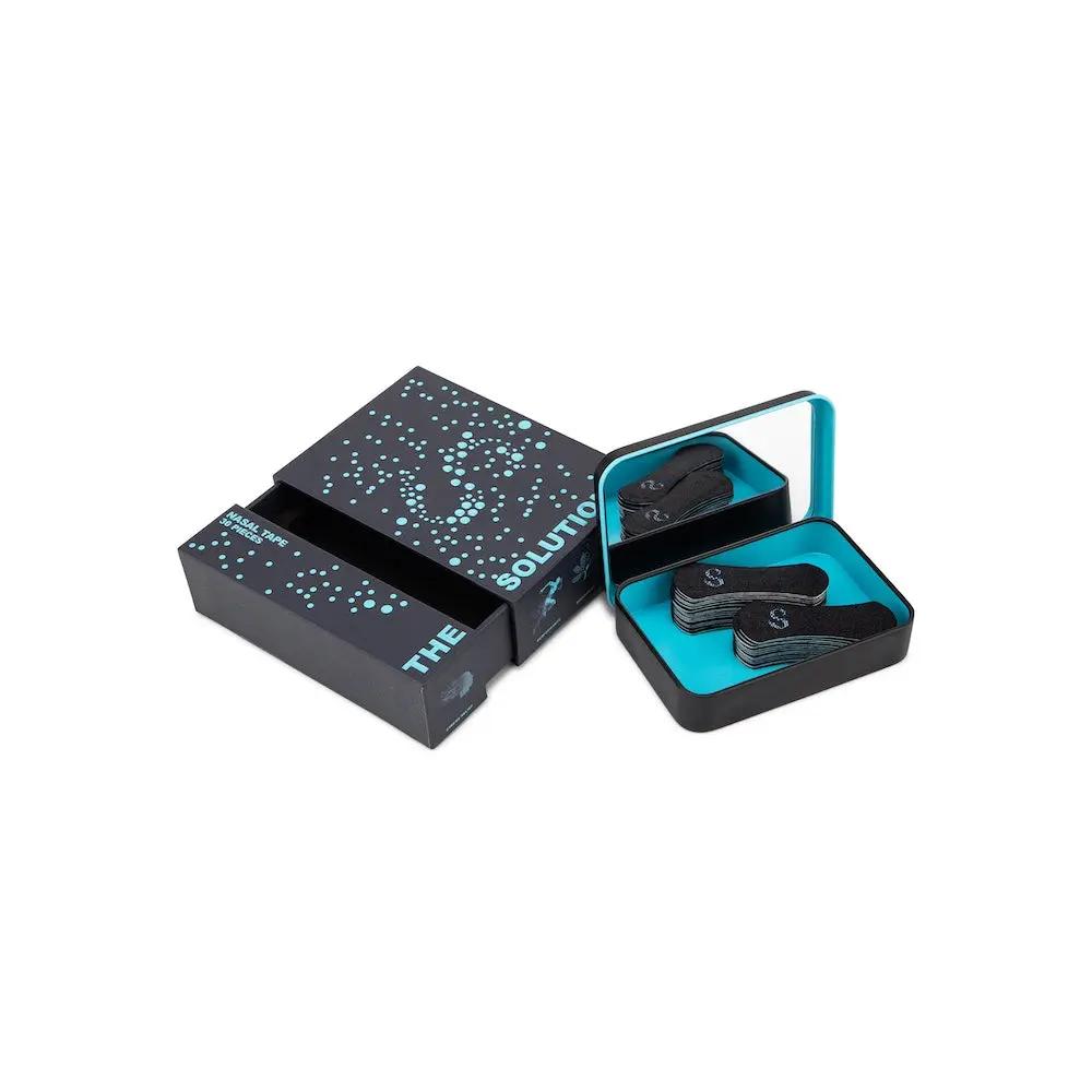 Black nasal tape for better breathing packaging with nasal strips inside for enhanced sleep and breathing performance.