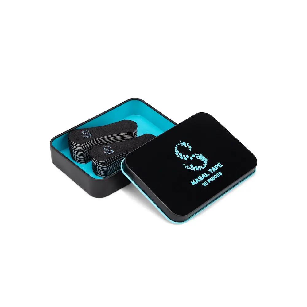 Black nasal tape for better breathing in a stylish tin packaging, perfect for improved sleep and energy.