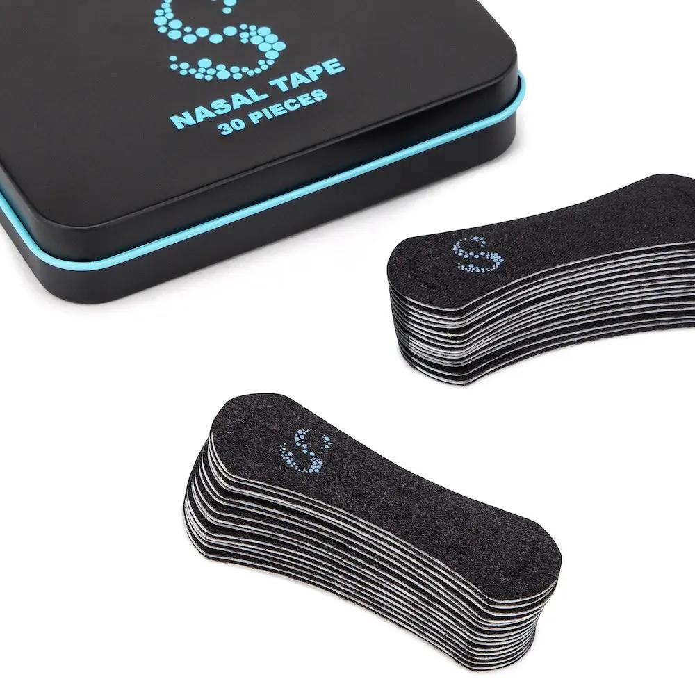 Black nasal tape for better breathing in a box of 30 pieces, designed for enhanced nasal breathing while sleeping.