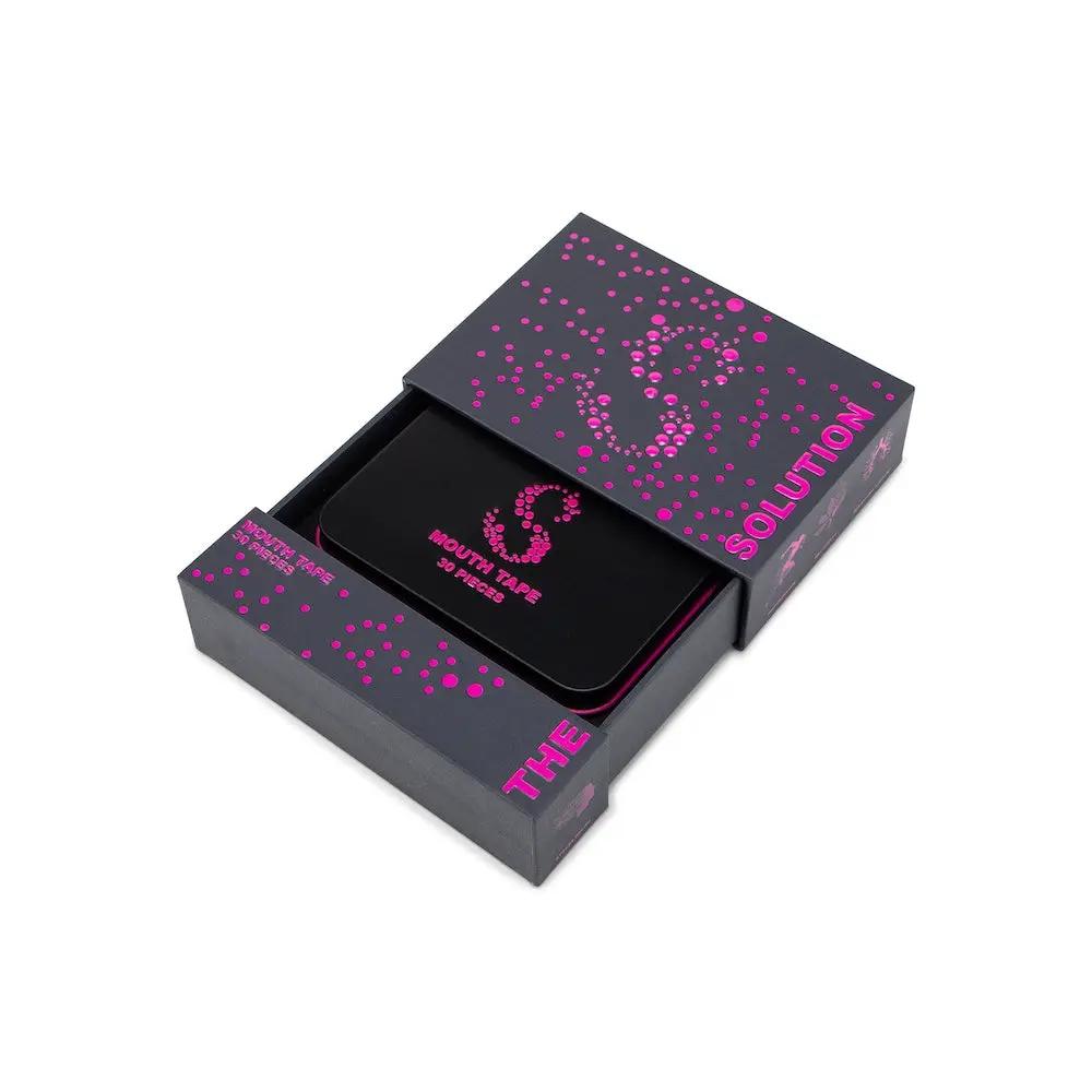 Mouth tape for better sleep- Pink product packaging box displayed open with mouth tape inside.