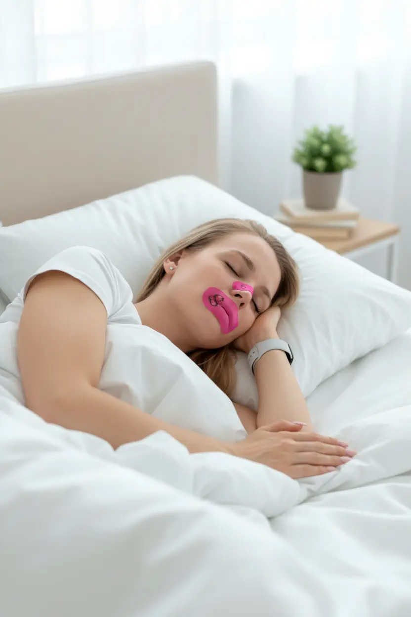 Bundle image showing model wearing pink nasal and mouth tape