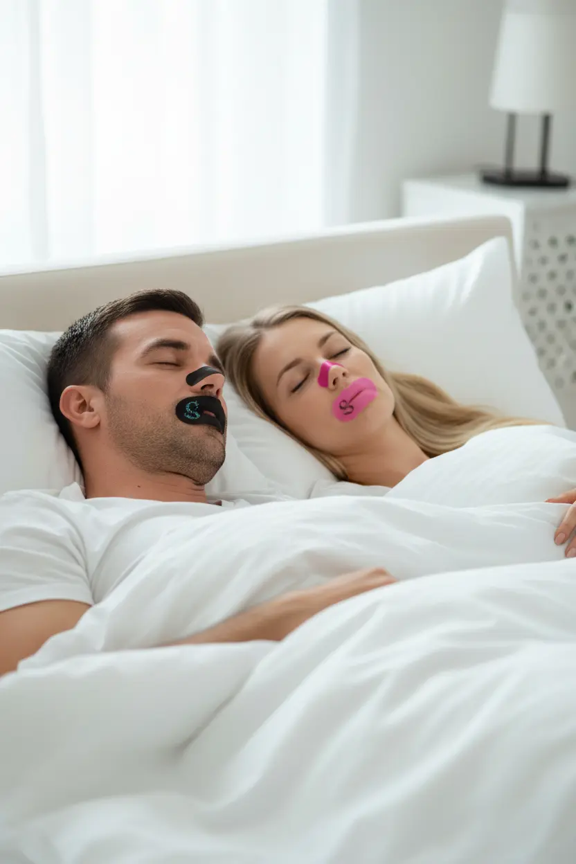 Couple sleeping peacefully - man with black tapes, woman with pink nasal and mouth tape